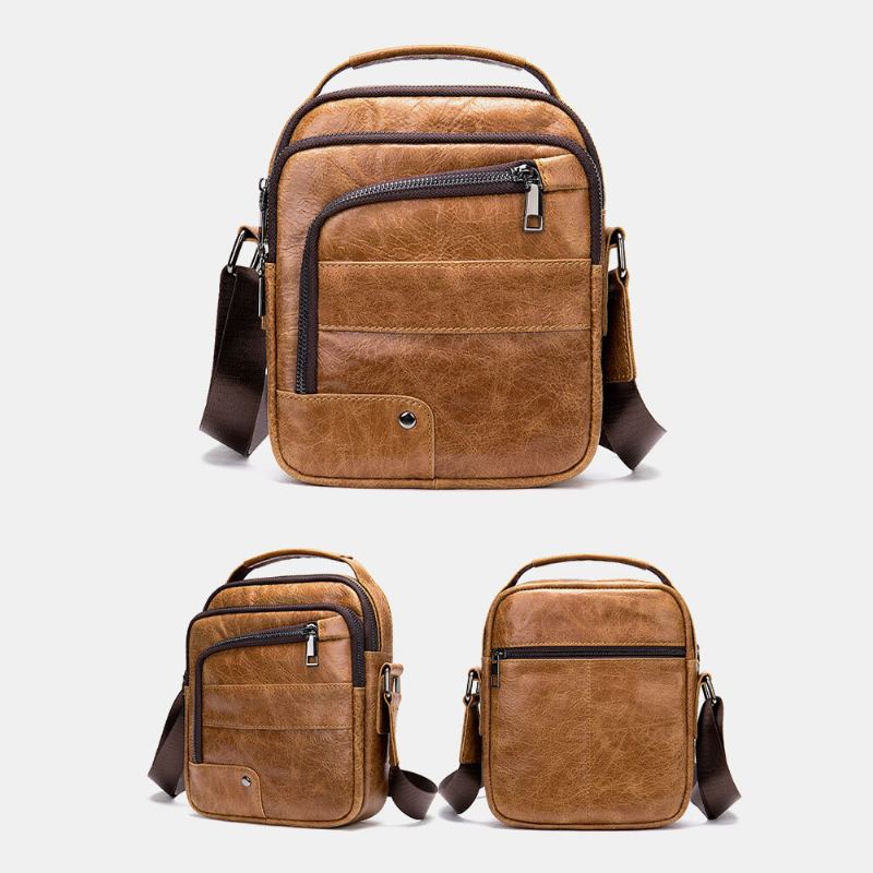 Mannen Echt Leer Multi-zakken Oortelefoon Gat Vintage Waterdichte Crossbody Tassen Schoudertassen
