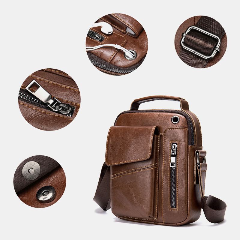 Mannen Echt Leer Multi-zakken Oortelefoon Gat Vintage Waterdichte Crossbody Tassen Schoudertassen