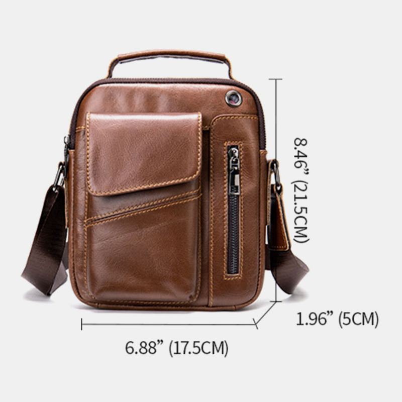 Mannen Echt Leer Multi-zakken Oortelefoon Gat Vintage Waterdichte Crossbody Tassen Schoudertassen