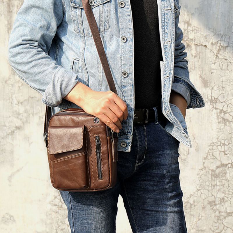 Mannen Echt Leer Multi-zakken Oortelefoon Gat Vintage Waterdichte Crossbody Tassen Schoudertassen