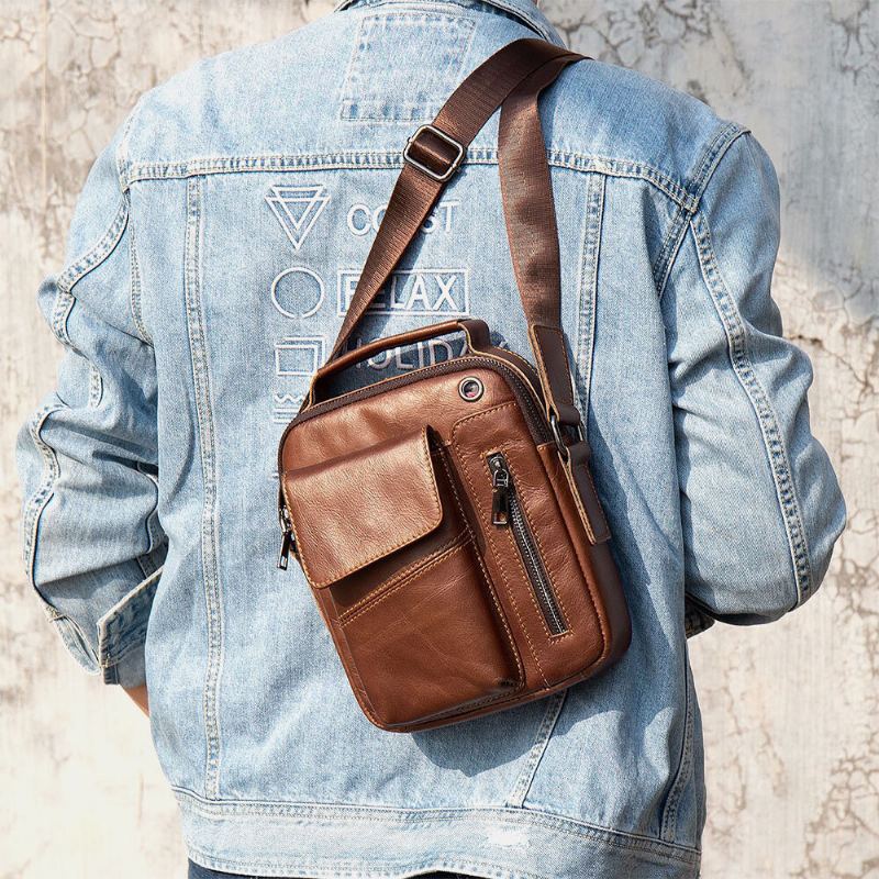 Mannen Echt Leer Multi-zakken Oortelefoon Gat Vintage Waterdichte Crossbody Tassen Schoudertassen