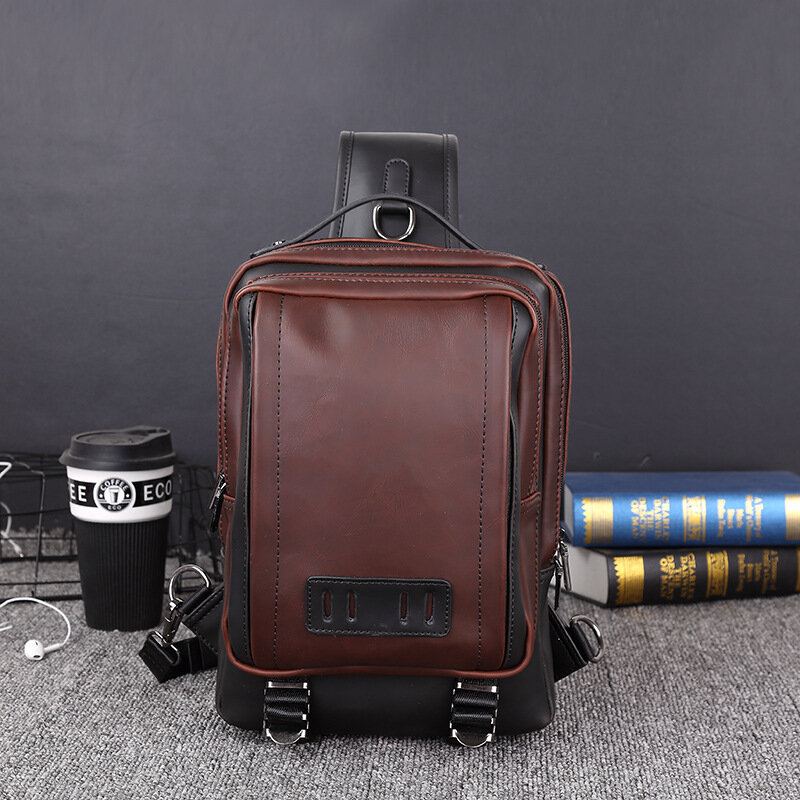 Mannen Pu Lederen Vintage Vierkant Ontwerp Waterdichte Crossbody Tas Grote Capaciteit Multifunctionele Borst Pouch Enkele Schoudertas