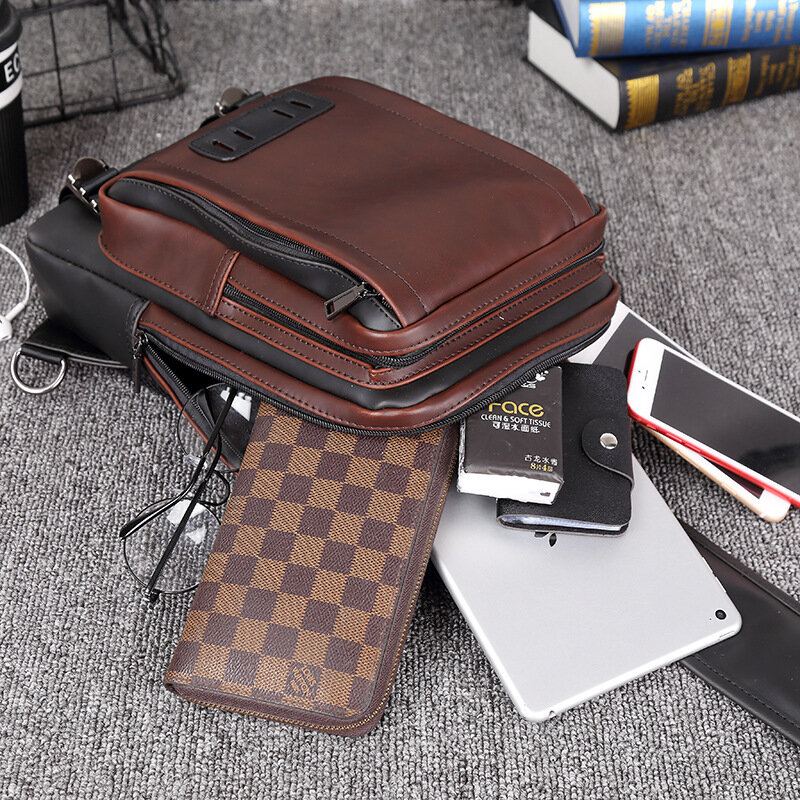 Mannen Pu Lederen Vintage Vierkant Ontwerp Waterdichte Crossbody Tas Grote Capaciteit Multifunctionele Borst Pouch Enkele Schoudertas