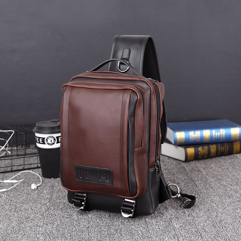 Mannen Pu Lederen Vintage Vierkant Ontwerp Waterdichte Crossbody Tas Grote Capaciteit Multifunctionele Borst Pouch Enkele Schoudertas