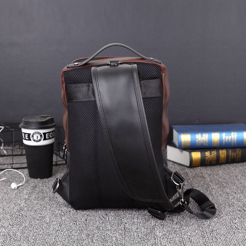 Mannen Pu Lederen Vintage Vierkant Ontwerp Waterdichte Crossbody Tas Grote Capaciteit Multifunctionele Borst Pouch Enkele Schoudertas