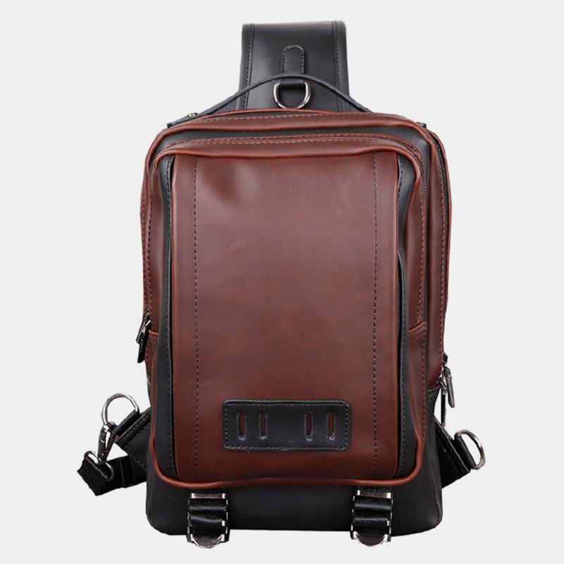 Mannen Pu Lederen Vintage Vierkant Ontwerp Waterdichte Crossbody Tas Grote Capaciteit Multifunctionele Borst Pouch Enkele Schoudertas