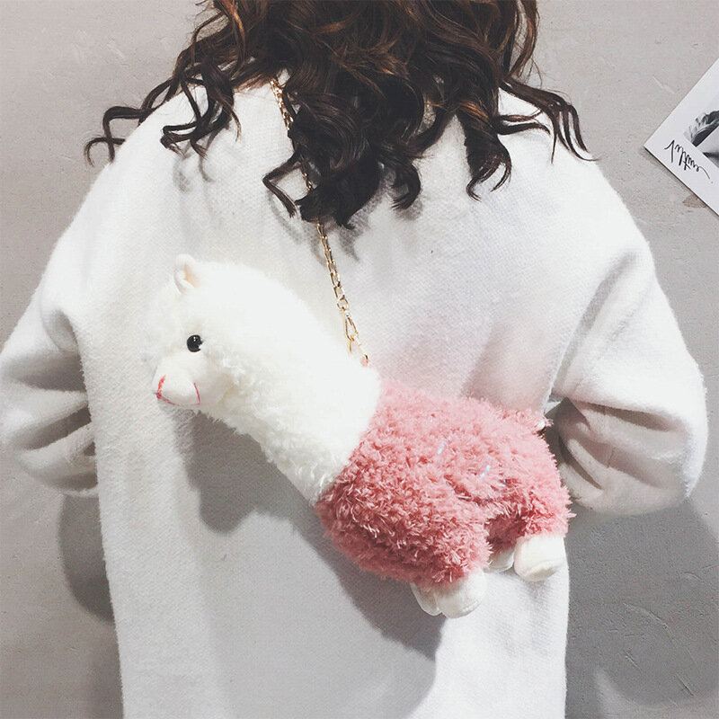 Vrouwen Lamswol Leuke Cartoon 3d Alpaca Vorm Zachte Creatieve Kleine Schoudertas Crossbody Tas Met Ketting