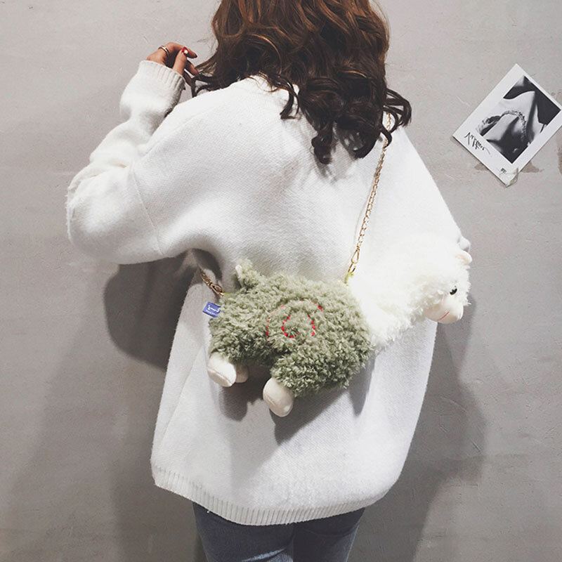 Vrouwen Lamswol Leuke Cartoon 3d Alpaca Vorm Zachte Creatieve Kleine Schoudertas Crossbody Tas Met Ketting