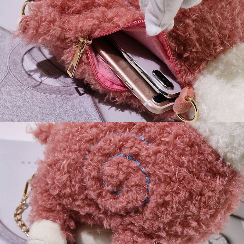 Vrouwen Lamswol Leuke Cartoon 3d Alpaca Vorm Zachte Creatieve Kleine Schoudertas Crossbody Tas Met Ketting