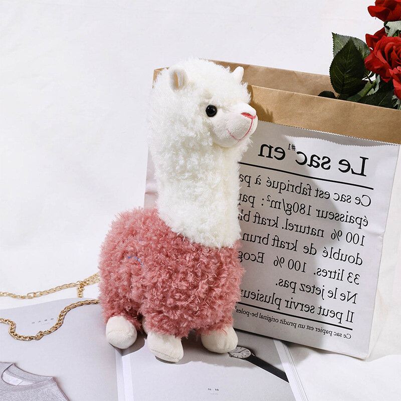 Vrouwen Lamswol Leuke Cartoon 3d Alpaca Vorm Zachte Creatieve Kleine Schoudertas Crossbody Tas Met Ketting