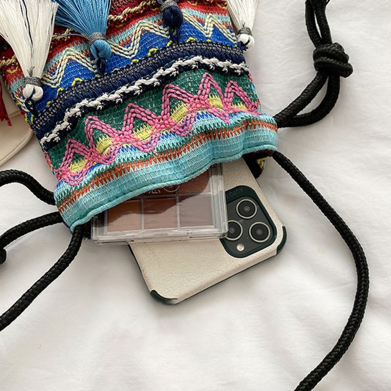 Vrouwen Stro Bohemian Stijlvolle Vis Kwastje Ontwerp Crossbody Tas Mode Vintage Trekkoord Schoudertas