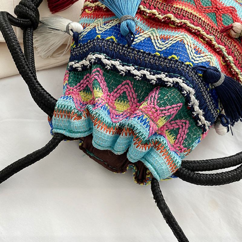 Vrouwen Stro Bohemian Stijlvolle Vis Kwastje Ontwerp Crossbody Tas Mode Vintage Trekkoord Schoudertas
