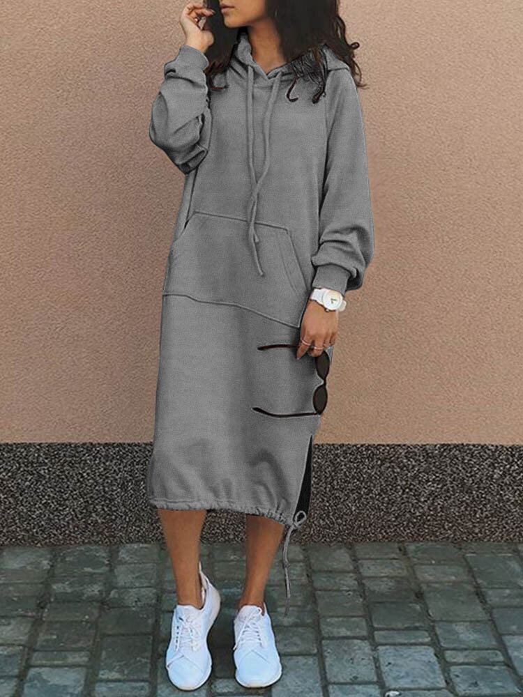Dames Effen Eenvoudig Dagelijks Trekkoord Kuitlengte Hoodie Met Zak
