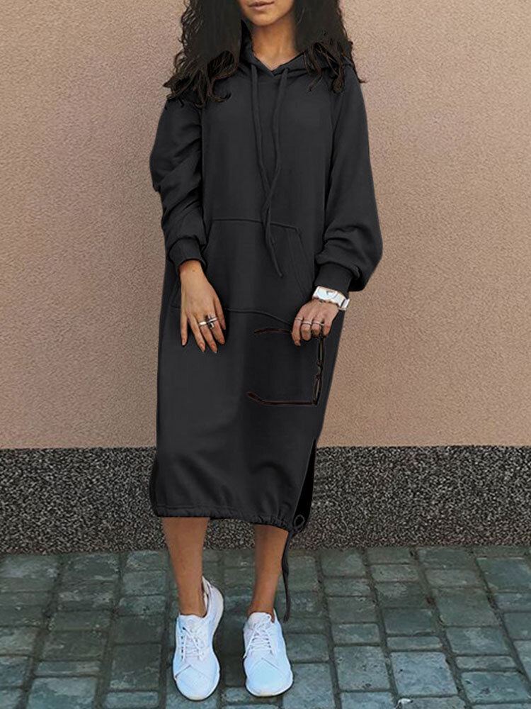Dames Effen Eenvoudig Dagelijks Trekkoord Kuitlengte Hoodie Met Zak