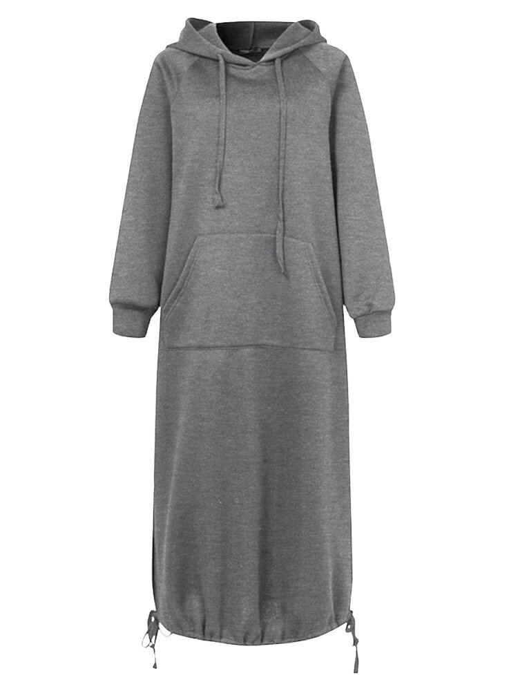 Dames Effen Eenvoudig Dagelijks Trekkoord Kuitlengte Hoodie Met Zak