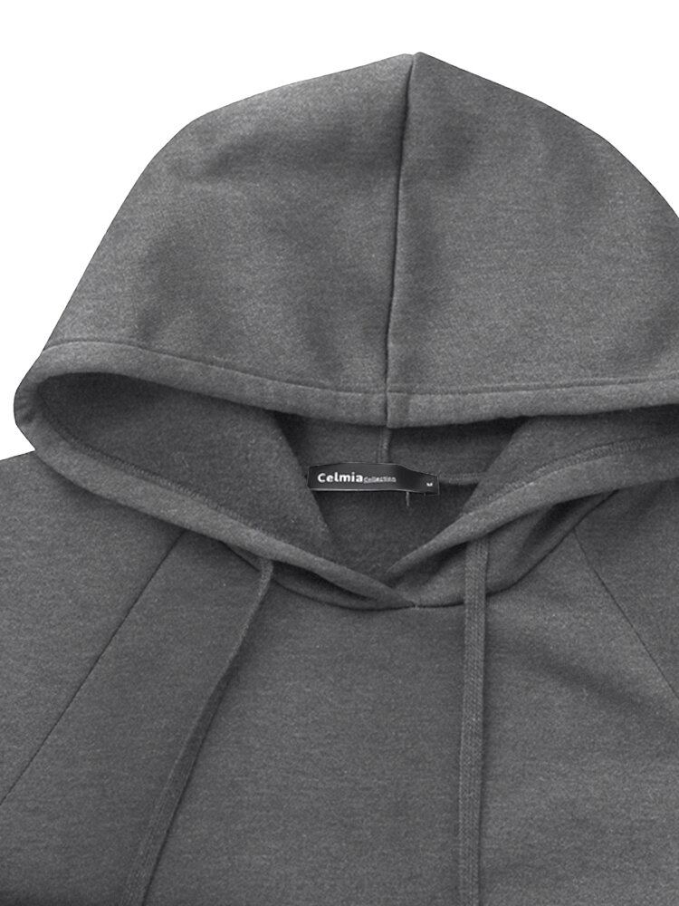 Dames Effen Eenvoudig Dagelijks Trekkoord Kuitlengte Hoodie Met Zak