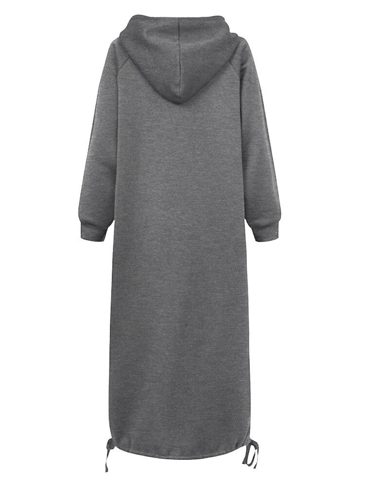 Dames Effen Eenvoudig Dagelijks Trekkoord Kuitlengte Hoodie Met Zak