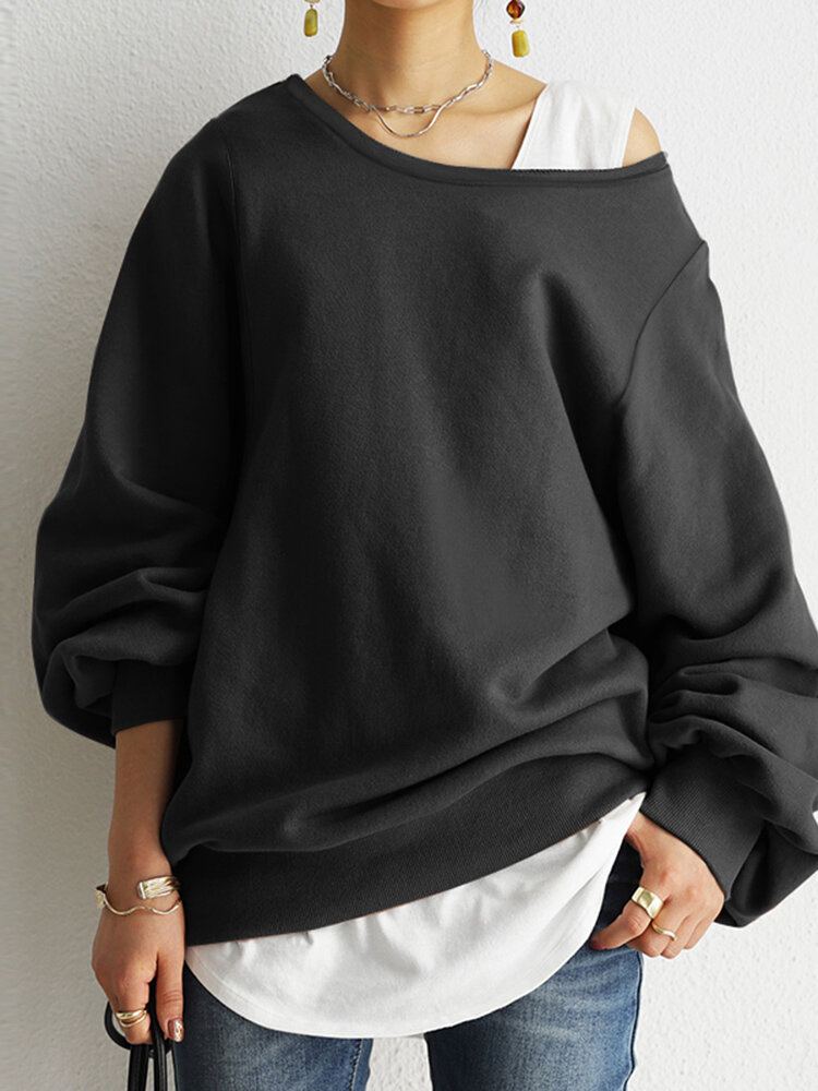 Dames Puff Sleeve Effen Dikke O-hals Preppy Huiselijk Sweatshirt