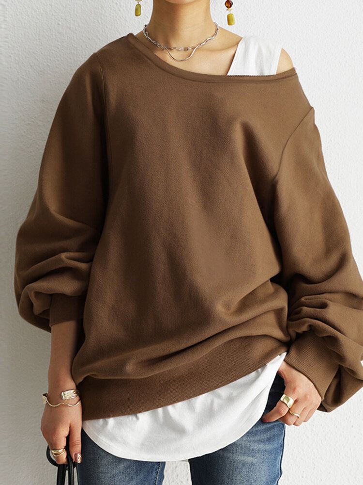 Dames Puff Sleeve Effen Dikke O-hals Preppy Huiselijk Sweatshirt