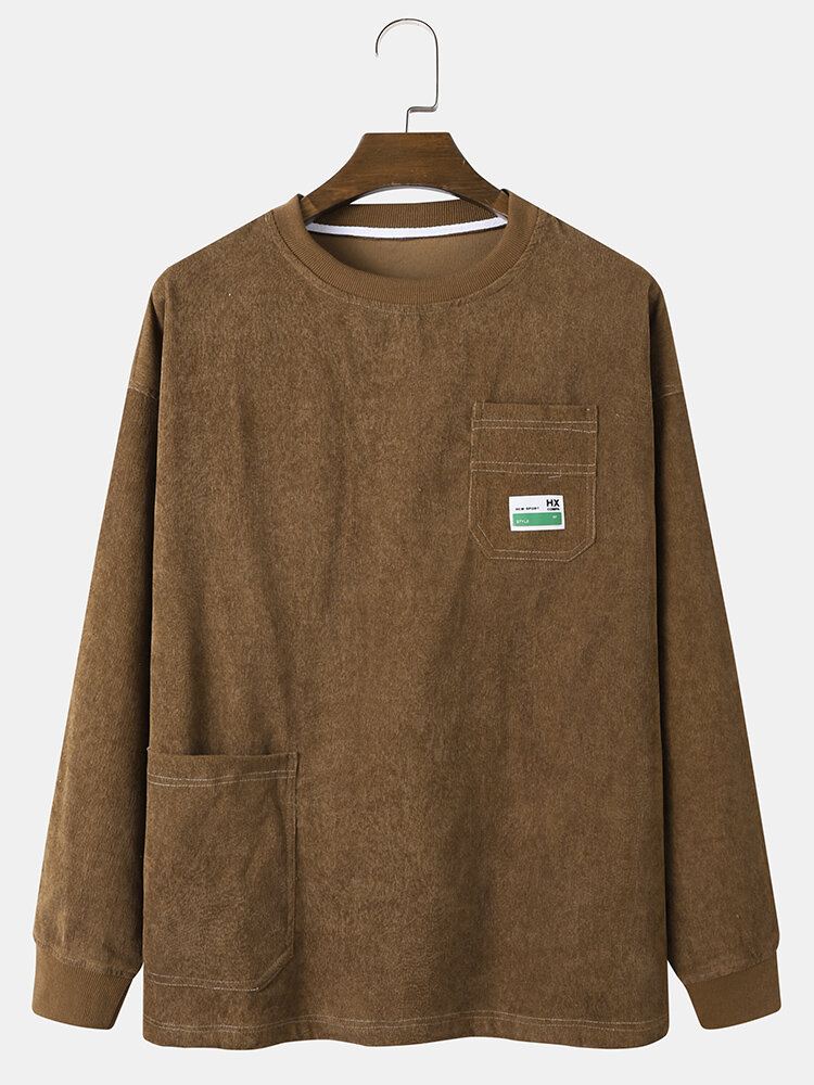 Heren Corduroy Solid Preppy Losse Tag Hoodie Met Zakken