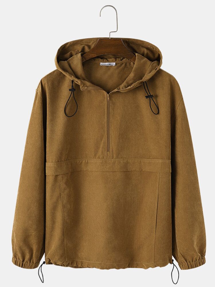 Heren Effen Kleur Halve Rits Trekkoord Zoom Hoodie Met Kangoeroezak