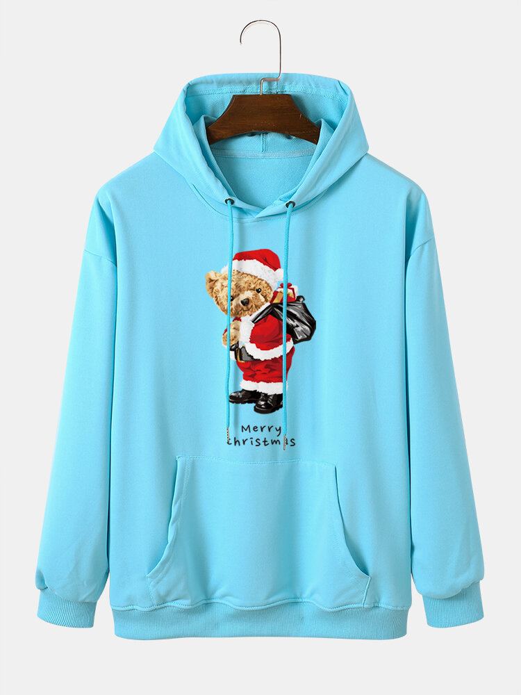 Heren Kerst Teddyberen Trekkoord Casual Sweatshirt Met Lange Mouwen Met Capuchon