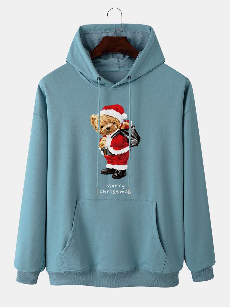 Heren Kerst Teddyberen Trekkoord Casual Sweatshirt Met Lange Mouwen Met Capuchon