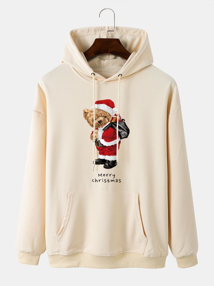 Heren Kerst Teddyberen Trekkoord Casual Sweatshirt Met Lange Mouwen Met Capuchon