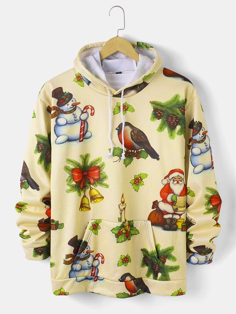 Heren Kerstsneeuwpop Print Casual Trekkoord Hoodies Met Pouch Pocket