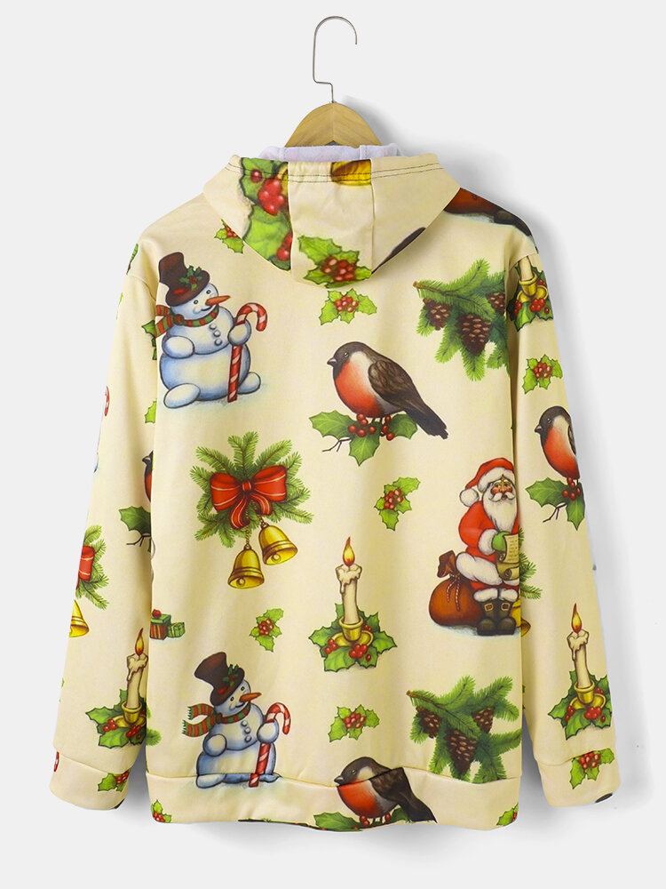 Heren Kerstsneeuwpop Print Casual Trekkoord Hoodies Met Pouch Pocket