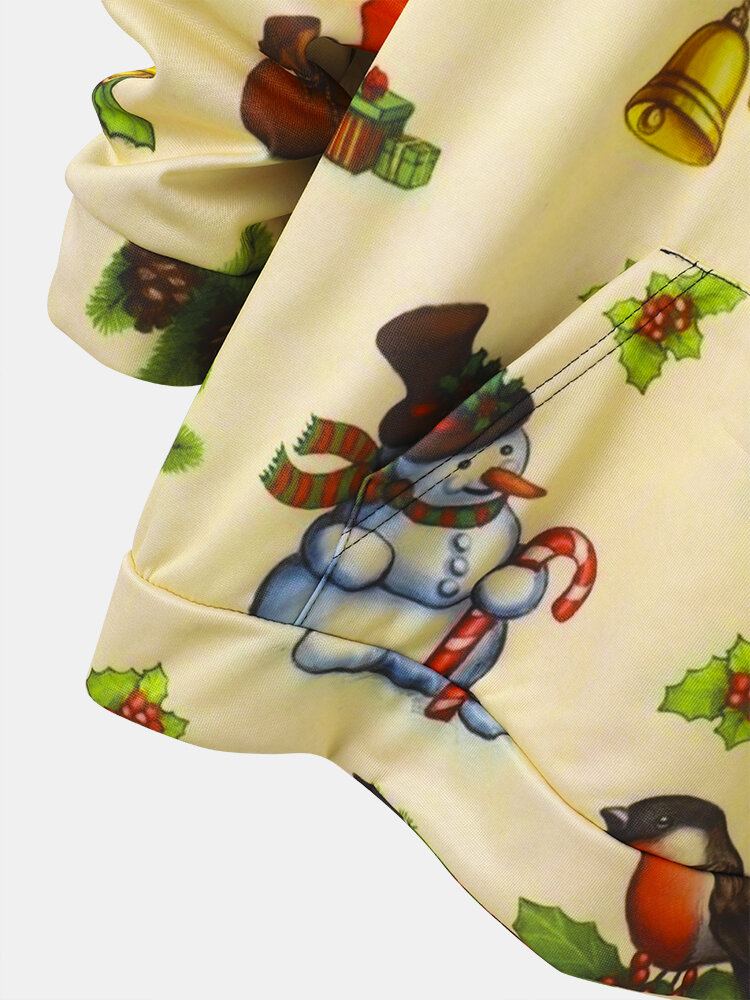 Heren Kerstsneeuwpop Print Casual Trekkoord Hoodies Met Pouch Pocket
