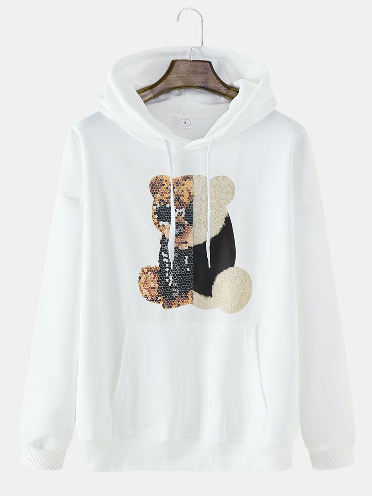 Heren Teddybeer Lovertjes Kangoeroe Pocket Drop Shoulder Hooded Sweatshirt