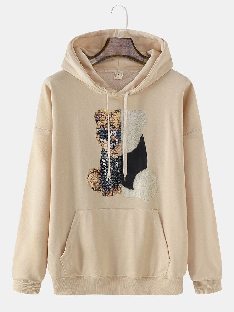 Heren Teddybeer Lovertjes Kangoeroe Pocket Drop Shoulder Hooded Sweatshirt