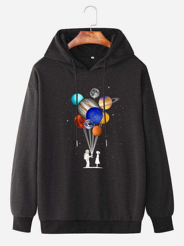 Hoodies Met Verlaagde Schouder En Trekkoord Voor Heren Met Planeetprint