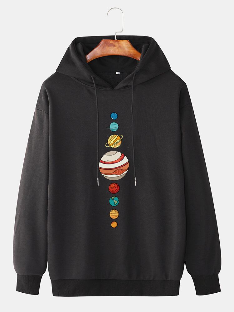 Leuke Multi Planet Print Drop Shoulder Casual Hoodies Met Lange Mouwen Voor Heren