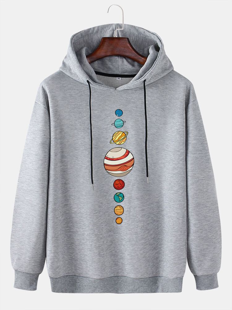 Leuke Multi Planet Print Drop Shoulder Casual Hoodies Met Lange Mouwen Voor Heren