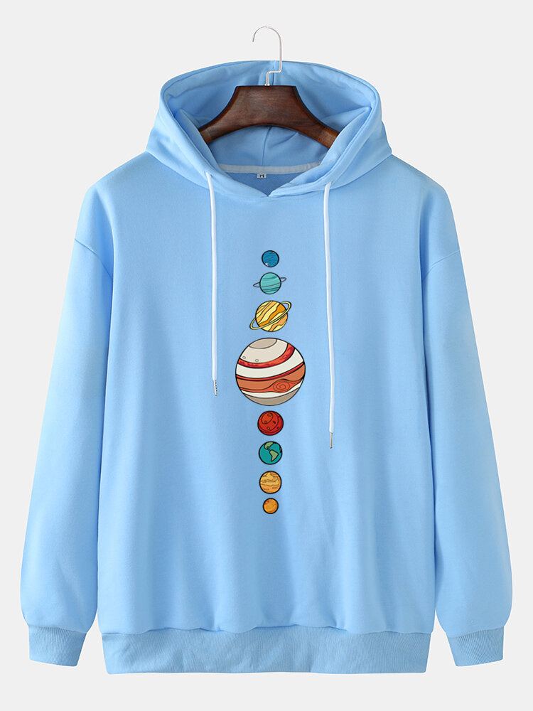 Leuke Multi Planet Print Drop Shoulder Casual Hoodies Met Lange Mouwen Voor Heren