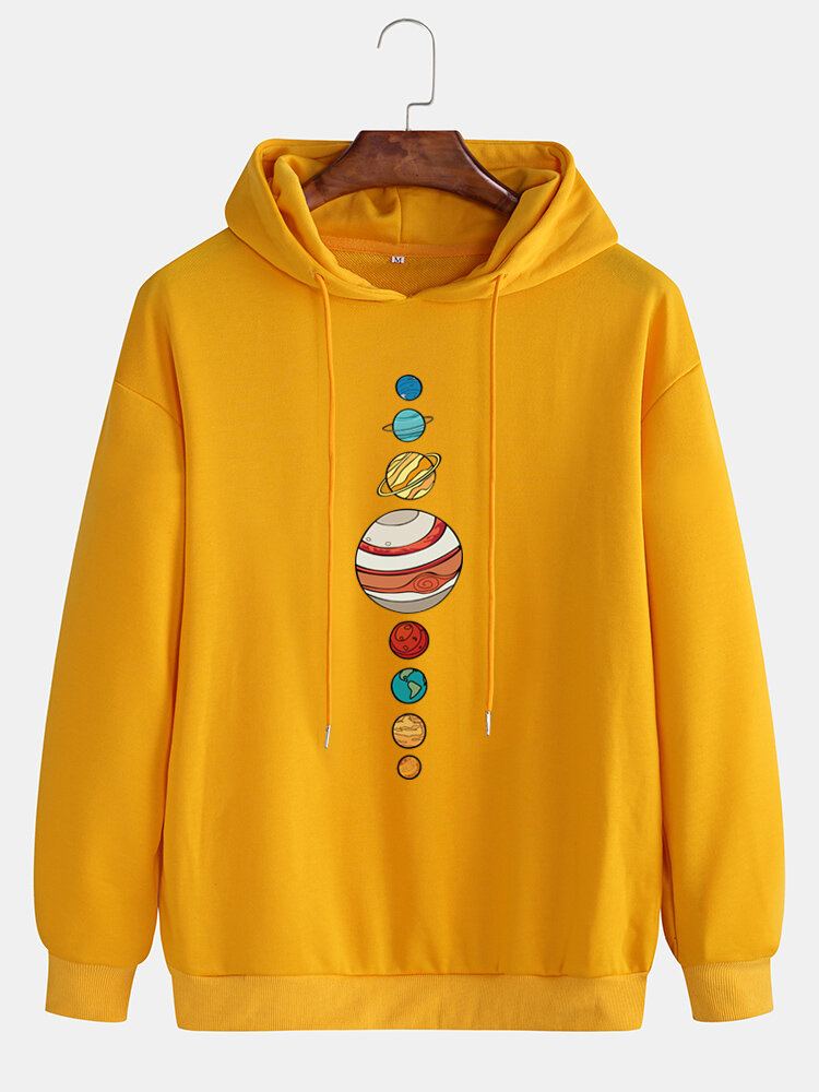 Leuke Multi Planet Print Drop Shoulder Casual Hoodies Met Lange Mouwen Voor Heren