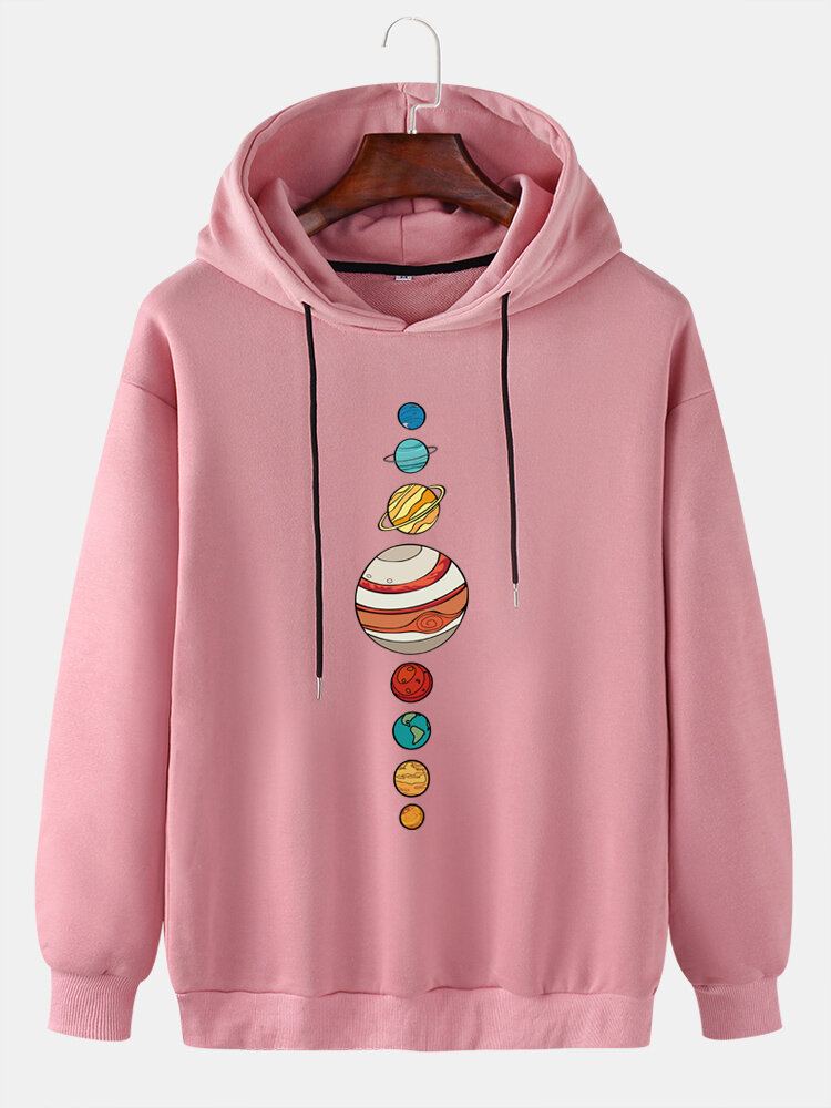 Leuke Multi Planet Print Drop Shoulder Casual Hoodies Met Lange Mouwen Voor Heren