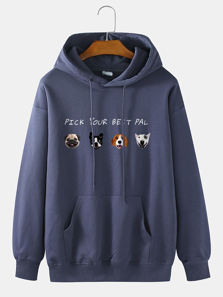 Mannen Cartoon Animal Letter Print Drop Shoulder Hoodies Met Zak