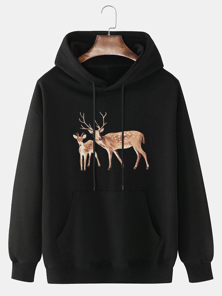 Mannen Cartoon Elanden Print Drop Shoulder Kangoeroe Pocket Hoodies