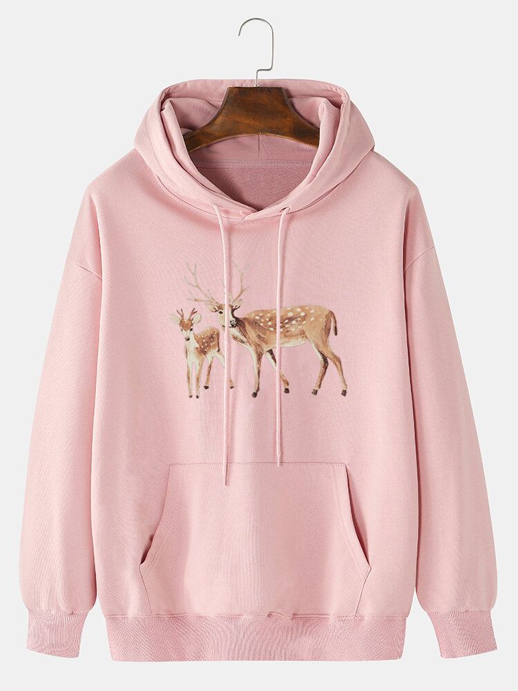 Mannen Cartoon Elanden Print Drop Shoulder Kangoeroe Pocket Hoodies