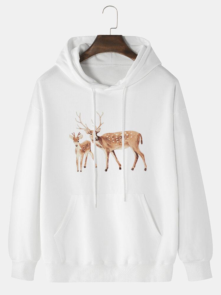 Mannen Cartoon Elanden Print Drop Shoulder Kangoeroe Pocket Hoodies