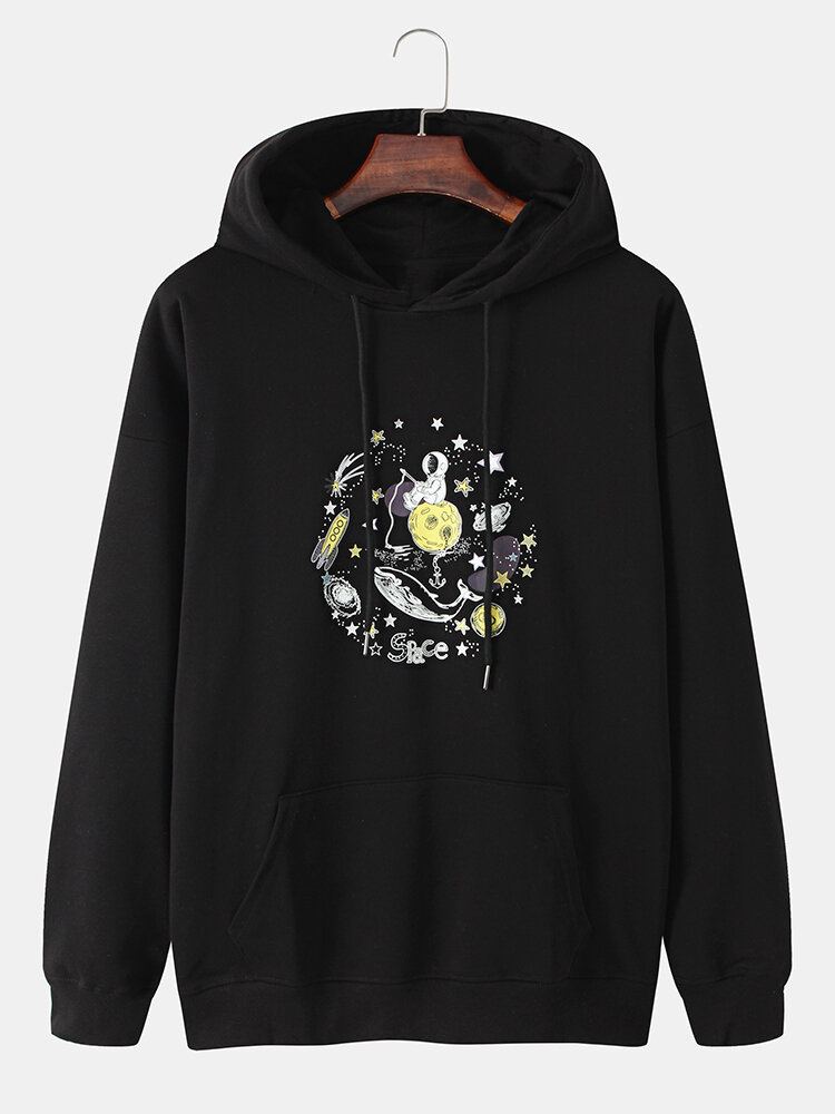 Mannen Grappige Ruimte Astronaut Grafische Katoenen Drop Schouder Hoodies