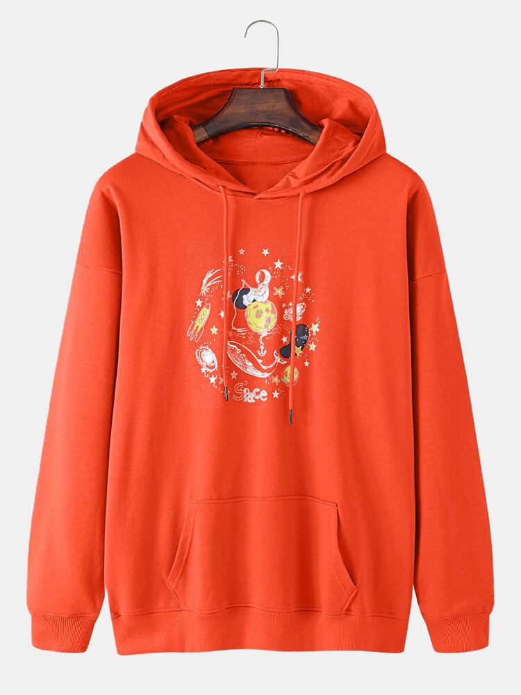 Mannen Grappige Ruimte Astronaut Grafische Katoenen Drop Schouder Hoodies