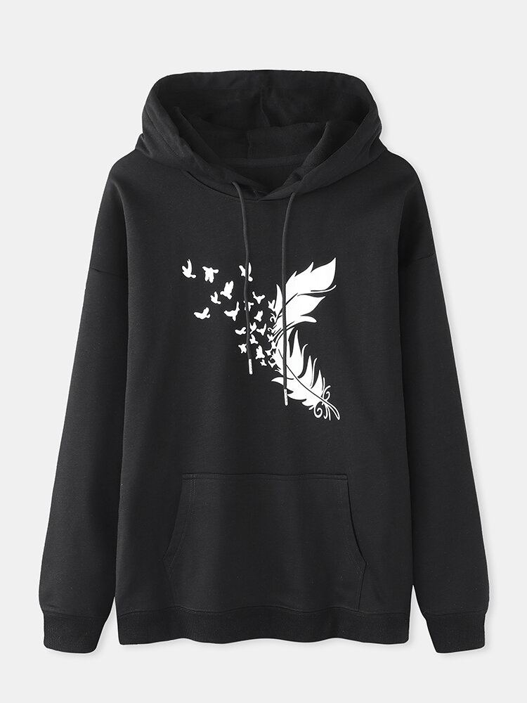 Vrouwen Feather Print Lange Mouwen Casual Trekkoord Pullover Hoodies