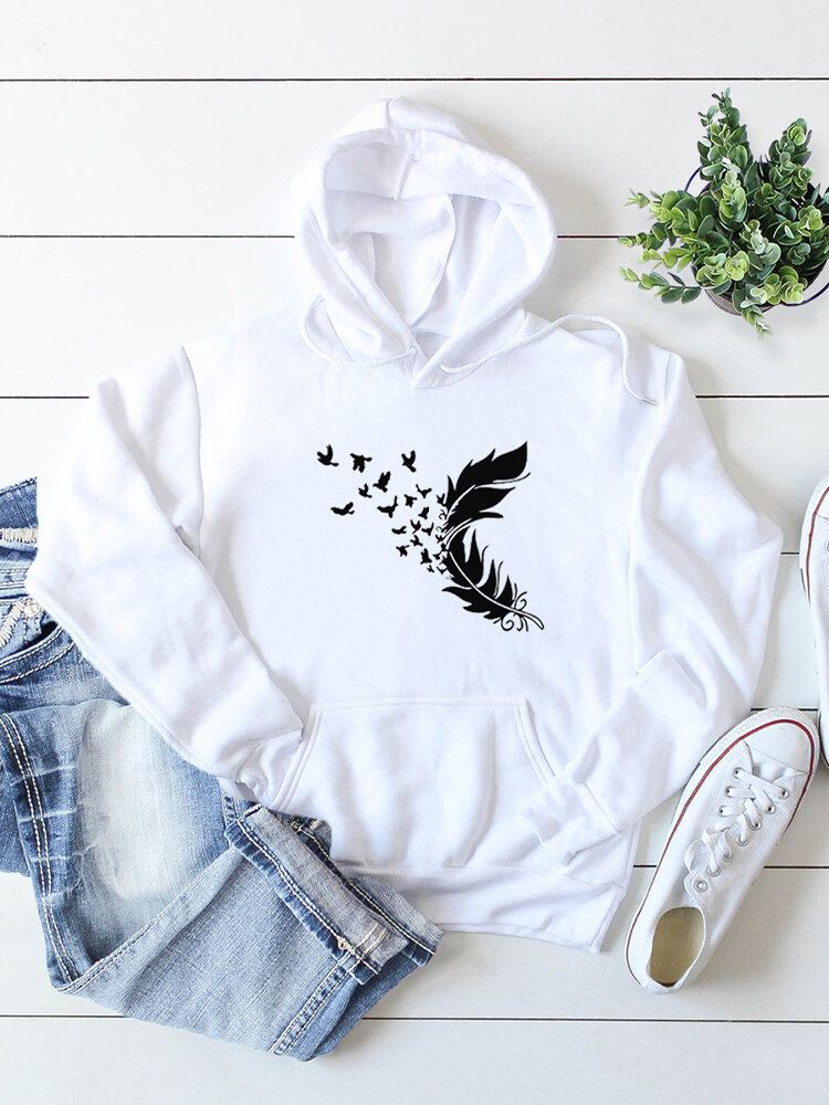 Vrouwen Feather Print Lange Mouwen Casual Trekkoord Pullover Hoodies