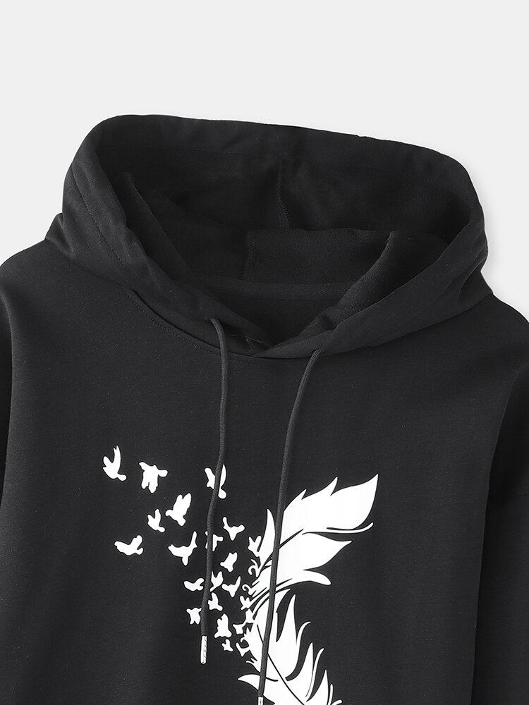 Vrouwen Feather Print Lange Mouwen Casual Trekkoord Pullover Hoodies