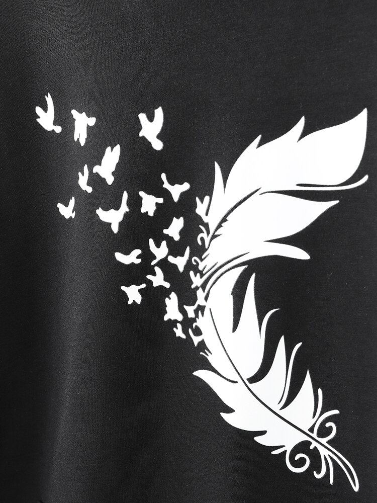 Vrouwen Feather Print Lange Mouwen Casual Trekkoord Pullover Hoodies
