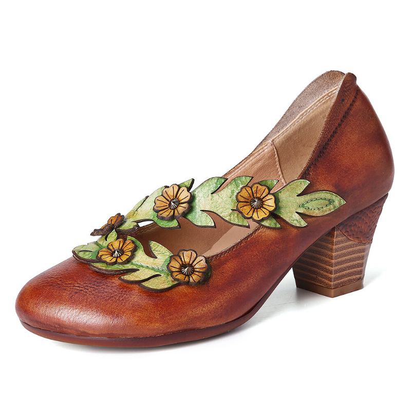 Vrouwen Bloem Decoratie Echt Leer Slip Op Lente Pompen